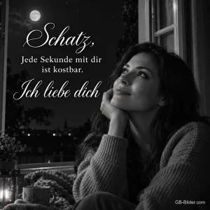 Frau schaut verträumt aus dem Fenster in die Nacht, Text: Schatz, jede Sekunde mit dir ist kostbar. – Ich liebe dich