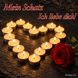 Herz aus brennenden Teelichtern mit roter Rose, Text: Mein Schatz – Ich liebe dich!