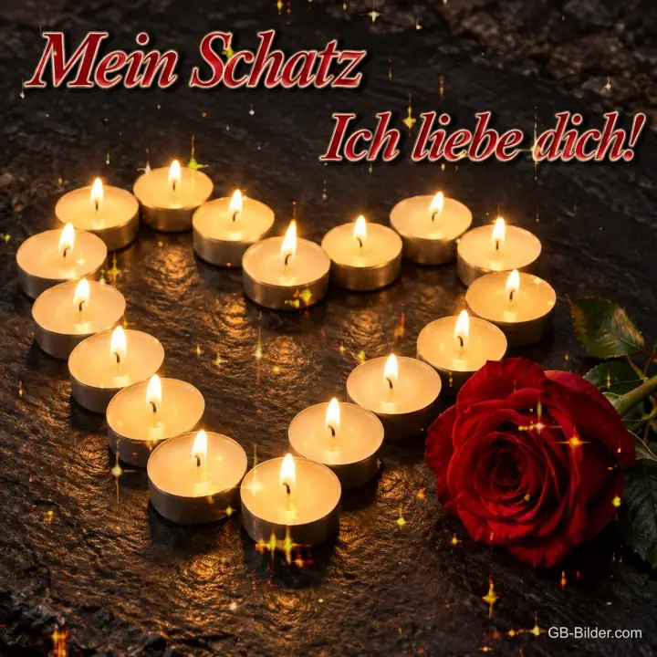 Herz aus brennenden Teelichtern mit roter Rose, Text: Mein Schatz – Ich liebe dich!