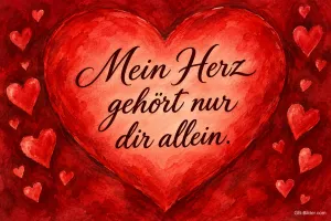 Rotes gemaltes Herz zwischen kleinen Herzen, Text: Mein Herz gehört nur dir allein.