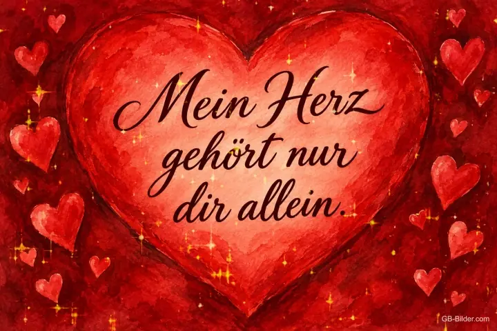 Rotes gemaltes Herz zwischen kleinen Herzen, Text: Mein Herz gehört nur dir allein.