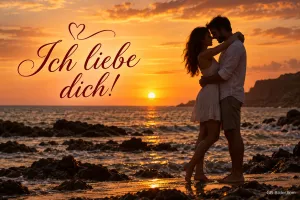 Paar umarmt sich auf Felsen am Meer im Sonnenuntergang, Text: Ich liebe dich!