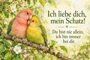Zwei Unzertrennliche kuscheln auf einem blühenden Ast, Text: Ich liebe dich, mein Schatz! – Du bist nie allein, ich bin immer bei dir.