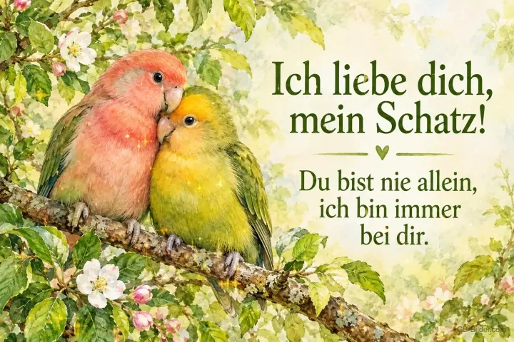 Zwei Unzertrennliche kuscheln auf einem blühenden Ast, Text: Ich liebe dich, mein Schatz! – Du bist nie allein, ich bin immer bei dir.