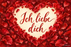 Herz aus roten Rosenblättern, Text: Ich liebe dich
