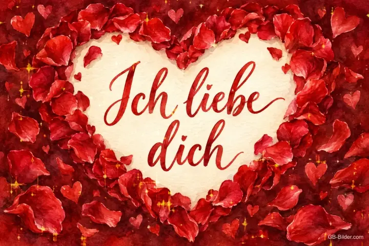 Herz aus roten Rosenblättern, Text: Ich liebe dich