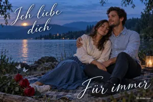 Paar sitzt umarmt auf einer Decke am See in der Dämmerung, Text: Ich liebe dich – Für immer