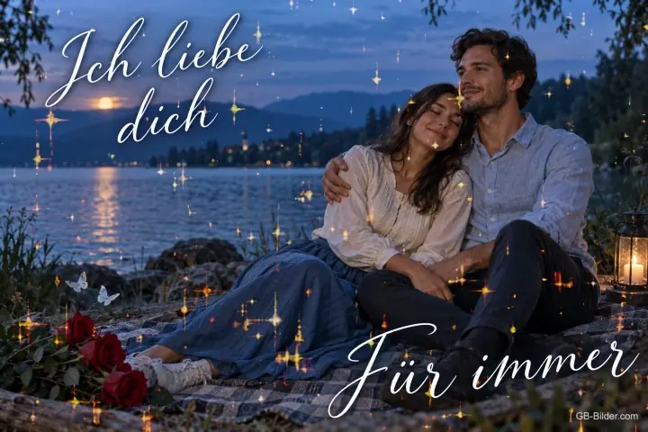 Paar sitzt umarmt auf einer Decke am See in der Dämmerung, Text: Ich liebe dich – Für immer