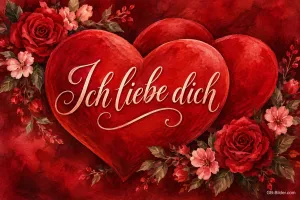 Zwei rote Herzen zwischen Rosen, Text: Ich liebe dich