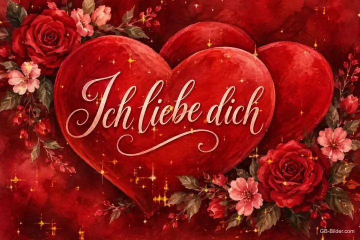 Zwei rote Herzen zwischen Rosen, Text: Ich liebe dich