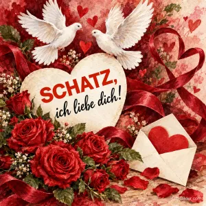 Zwei weiße Tauben über einem Herz zwischen roten Rosen, Text: SCHATZ, – ich liebe dich!