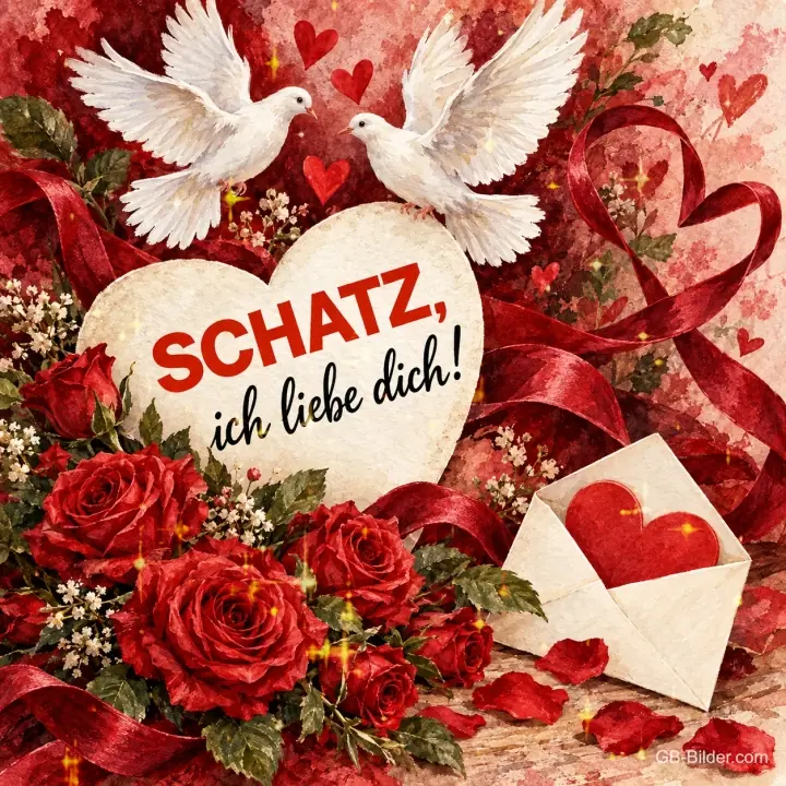 Zwei weiße Tauben über einem Herz zwischen roten Rosen, Text: SCHATZ, – ich liebe dich!