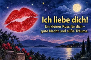 Roter Kussmund über einem See bei Vollmond, Text: Ich liebe dich! – Ein kleiner Kuss für dich – gute Nacht und süße Träume.
