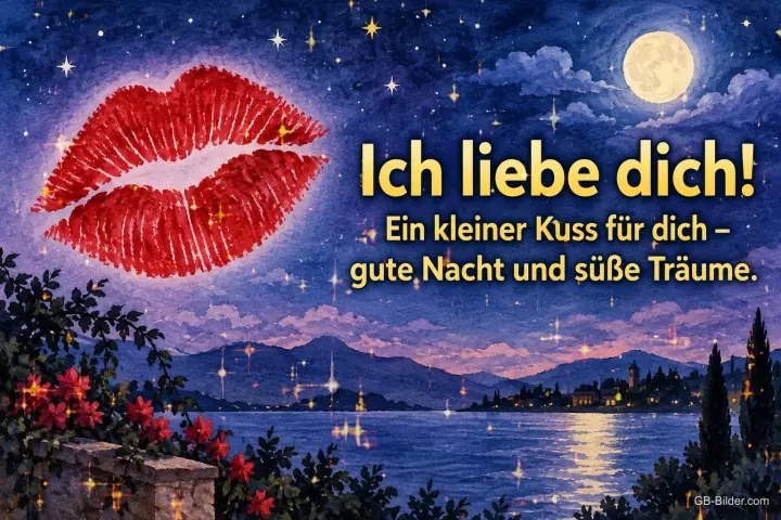Roter Kussmund über einem See bei Vollmond, Text: Ich liebe dich! – Ein kleiner Kuss für dich – gute Nacht und süße Träume.
