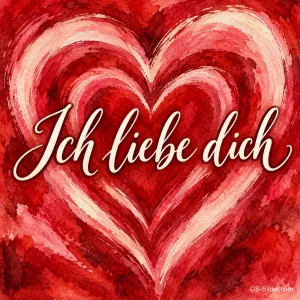 Rotes Aquarellherz mit hellen Wellen, Text: Ich liebe dich