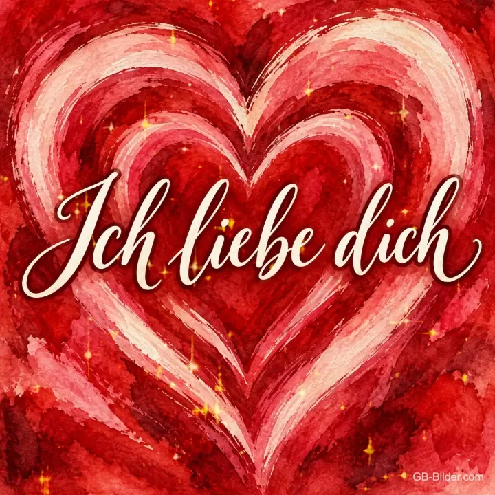 Rotes Aquarellherz mit hellen Wellen, Text: Ich liebe dich