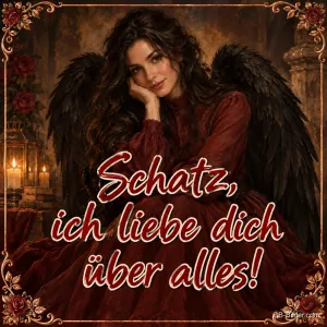 Frau mit schwarzen Flügeln und rotem Kleid bei Kerzenlicht, Text: Schatz, – ich liebe dich über alles!