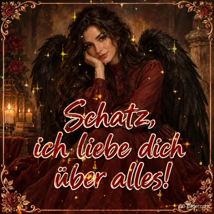 Frau mit schwarzen Flügeln und rotem Kleid bei Kerzenlicht, Text: Schatz, – ich liebe dich über alles!