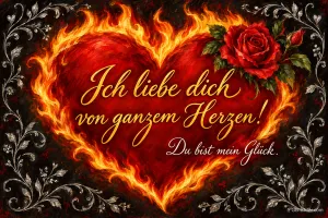 Rotes Herz aus Flammen mit Rose, Text: Ich liebe dich von ganzem Herzen! – Du bist mein Glück.