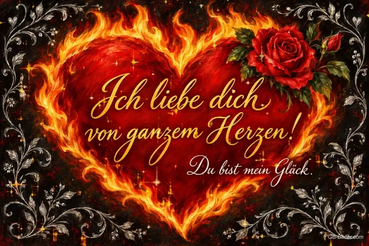 Rotes Herz aus Flammen mit Rose, Text: Ich liebe dich von ganzem Herzen! – Du bist mein Glück.