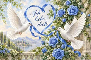 Zwei weiße Tauben halten ein Band in Herzform über blauen Rosen, Text: Ich liebe dich