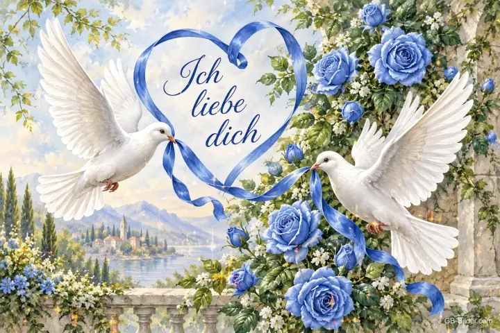 Zwei weiße Tauben halten ein Band in Herzform über blauen Rosen, Text: Ich liebe dich