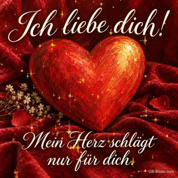 Rotes gemaltes Herz auf rotem Samt, Text: Ich liebe dich! – Mein Herz schlägt nur für dich.