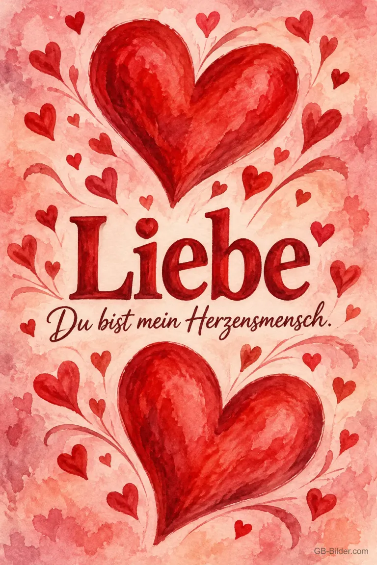 Rote Aquarellherzen auf rosa Grund, Text: Liebe – Du bist mein Herzensmensch.