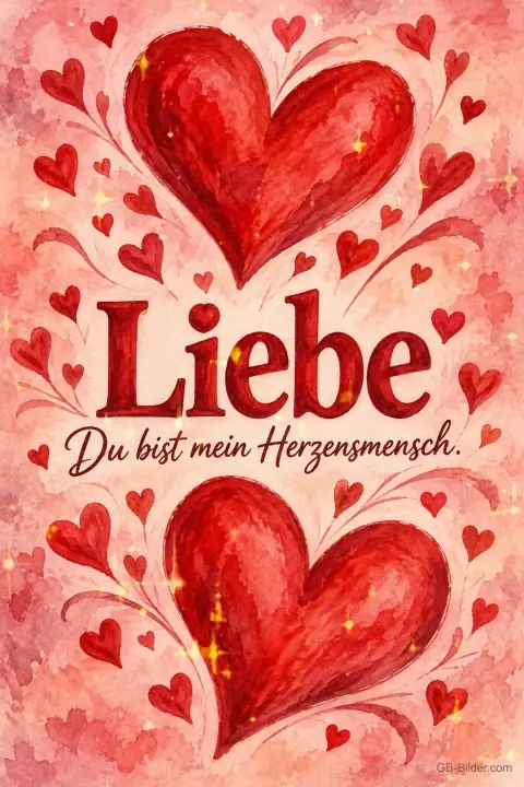 Rote Aquarellherzen auf rosa Grund, Text: Liebe – Du bist mein Herzensmensch.