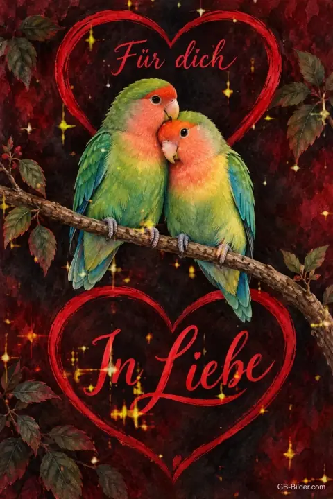 Zwei Unzertrennliche kuscheln auf einem Ast in einem Herz, Text: Für dich – In Liebe