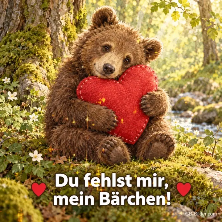 Bärenjunges umarmt ein rotes Herzkissen im Wald, Text: Du fehlst mir, – mein Bärchen! Bärenjunges umarmt ein rotes Herzkissen im Wald, Text: Du fehlst mir, – mein Bärchen!