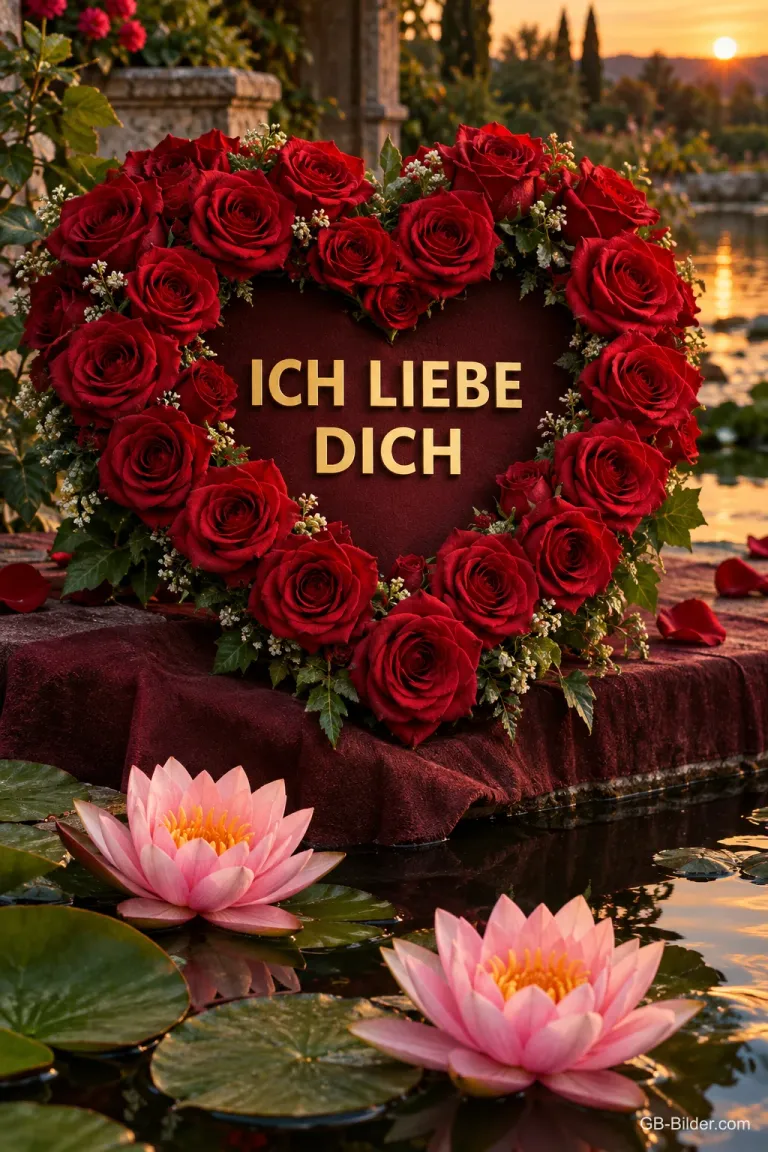 Herz aus roten Rosen über Seerosen, Text: ICH LIEBE DICH