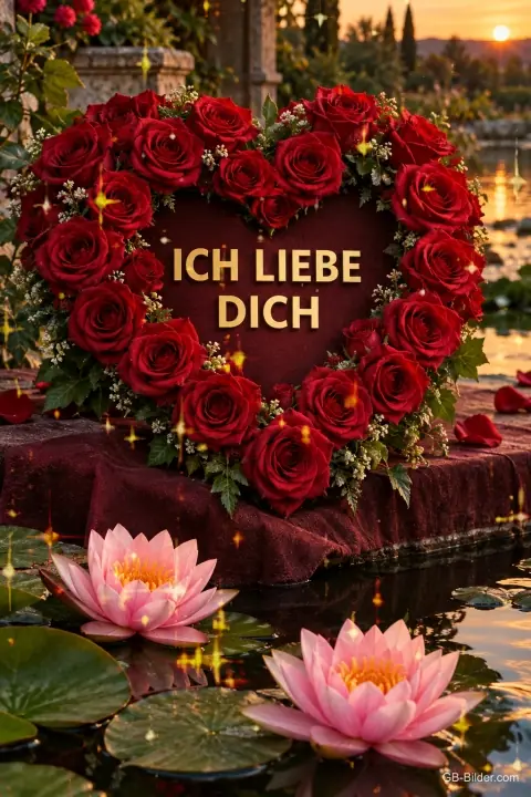 Herz aus roten Rosen über Seerosen, Text: ICH LIEBE DICH
