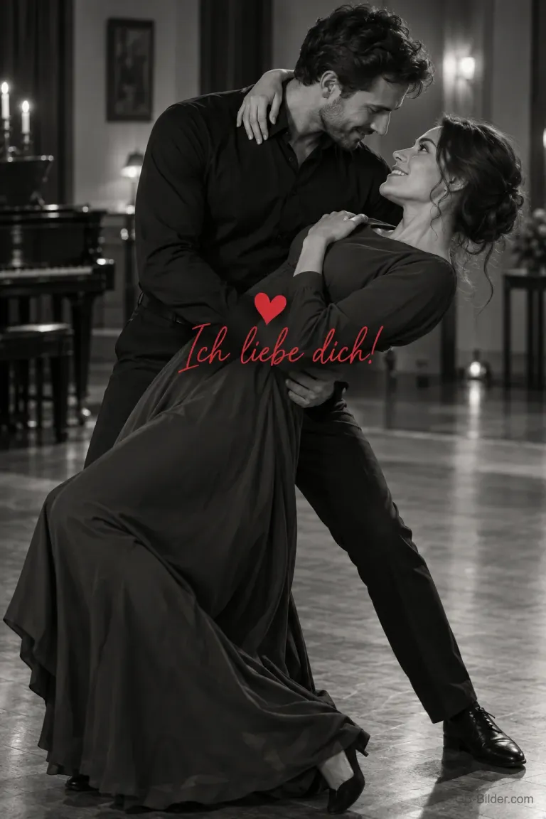 Elegantes Paar tanzt im Ballsaal, Schwarz-Weiß-Foto, Text: Ich liebe dich!