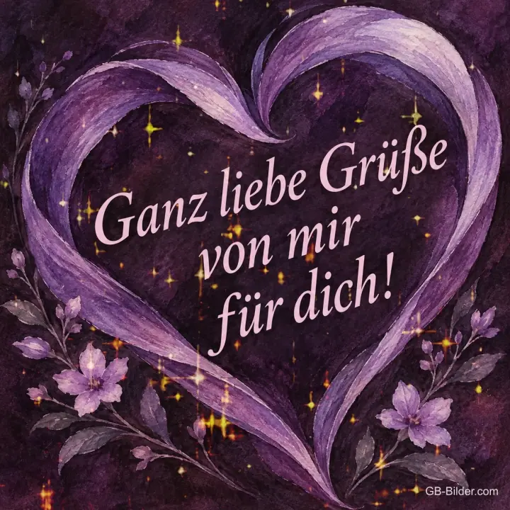 Lila Bandherz mit Blüten, Text: Ganz liebe Grüße – von mir für dich! Lila Bandherz mit Blüten, Text: Ganz liebe Grüße – von mir für dich!