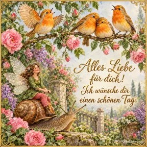 Elfe reitet auf einer Schnecke, Rotkehlchen auf einem Rosenzweig, Text: Alles Liebe für dich! – Ich wünsche dir einen schönen Tag.