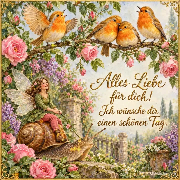 Elfe reitet auf einer Schnecke, Rotkehlchen auf einem Rosenzweig, Text: Alles Liebe für dich! – Ich wünsche dir einen schönen Tag. Elfe reitet auf einer Schnecke, Rotkehlchen auf einem Rosenzweig, Text: Alles Liebe für dich! – Ich wünsche dir einen schönen Tag.