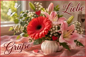 Rote Gerbera und rosa Lilien in einer Vase, Text: Liebe – Grüße