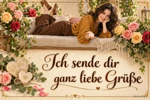 Lächelnde Frau liegt über einem Rahmen mit Rosen, Text: Ich sende dir – ganz liebe Grüße
