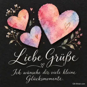 Aquarellherzen auf dunklem Grund, Text: Liebe Grüße