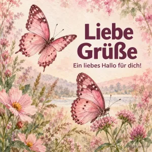 Rosa Schmetterlinge über einer Blumenwiese, Text: Liebe Grüße – Ein liebes Hallo für dich!