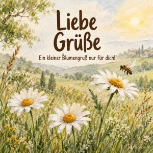 Margeriten mit Biene auf einer Wiese, Text: Liebe Grüße