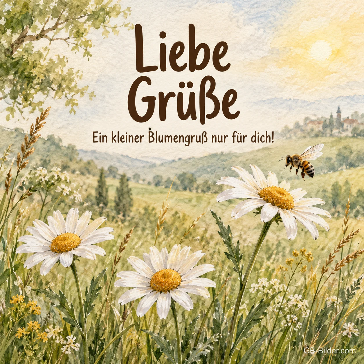 Margeriten mit Biene auf einer Wiese, Text: Liebe Grüße Margeriten mit Biene auf einer Wiese, Text: Liebe Grüße