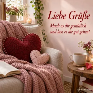Gemütlicher Sessel mit Herzkissen, Text: Liebe Grüße