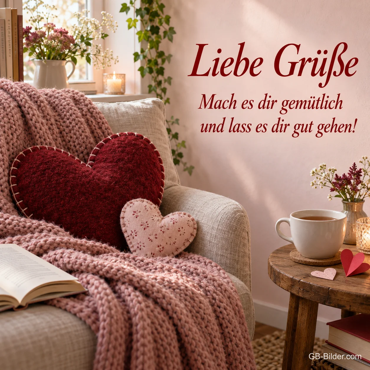 Gemütlicher Sessel mit Herzkissen, Text: Liebe Grüße Gemütlicher Sessel mit Herzkissen, Text: Liebe Grüße