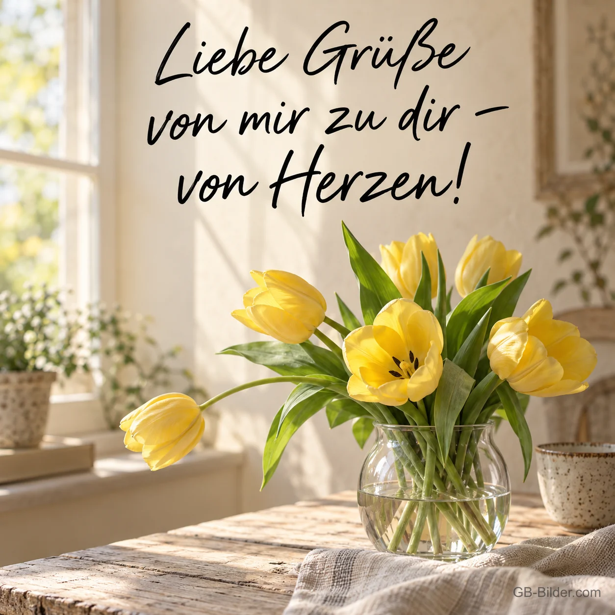 Gelbe Tulpen in einer Vase am Fenster, Text: Liebe Grüße von mir zu dir Gelbe Tulpen in einer Vase am Fenster, Text: Liebe Grüße von mir zu dir