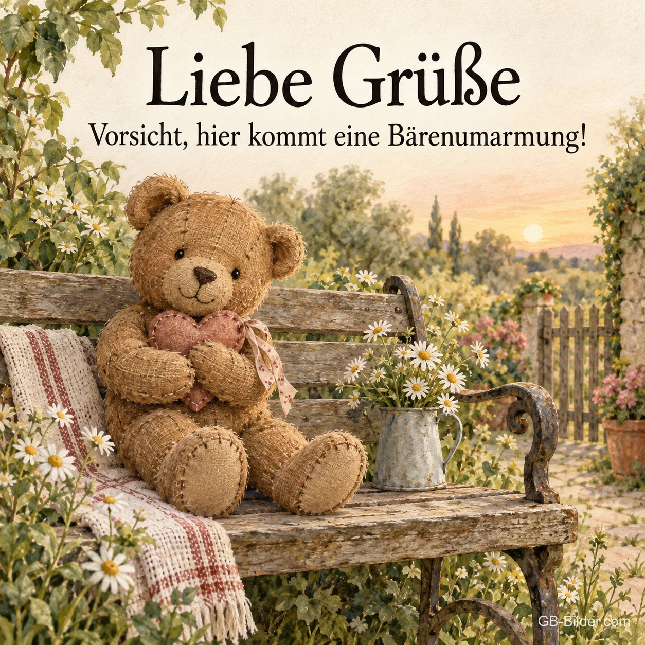Teddybär mit Herz auf einer Gartenbank, Text: Liebe Grüße – Vorsicht, hier kommt eine Bärenumarmung! Teddybär mit Herz auf einer Gartenbank, Text: Liebe Grüße – Vorsicht, hier kommt eine Bärenumarmung!