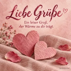 Zwei Papierherzen mit Rosenblättern, Text: Liebe Grüße