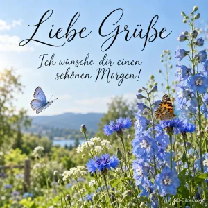 Kornblumen und Schmetterlinge, Text: Liebe Grüße – Ich wünsche dir einen schönen Morgen!