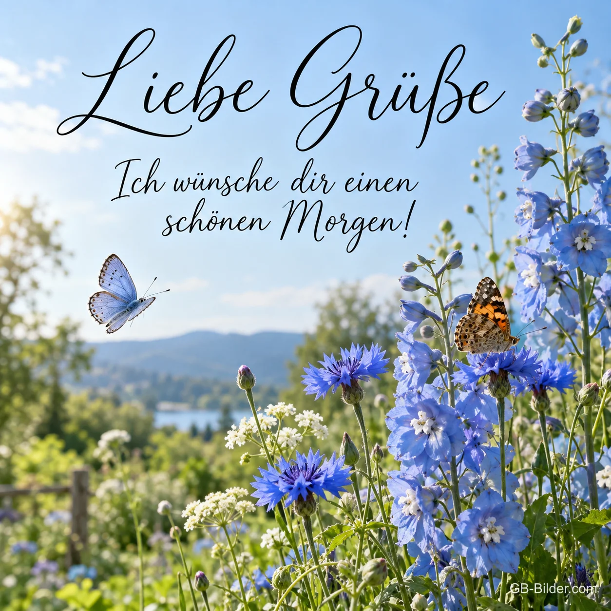 Kornblumen und Schmetterlinge, Text: Liebe Grüße – Ich wünsche dir einen schönen Morgen! Kornblumen und Schmetterlinge, Text: Liebe Grüße – Ich wünsche dir einen schönen Morgen!